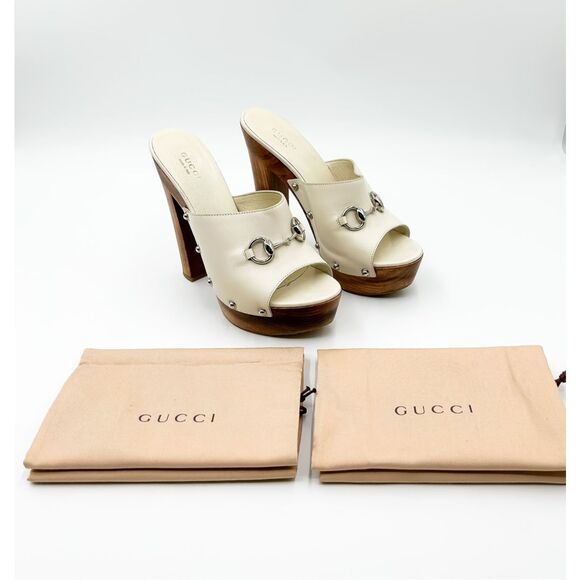 Gucci Horsebit White Mules Platform Leather Wooden Heels Sandals 38.5, 8.5 - Picture 1 of 15
